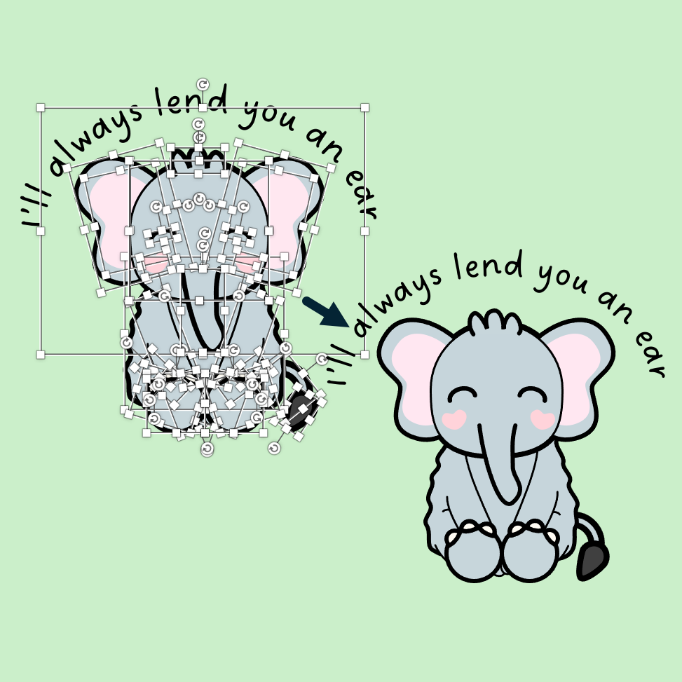 A screenshot of an image of an elephant illustration, highlighting all of the different shapes and components making up the image